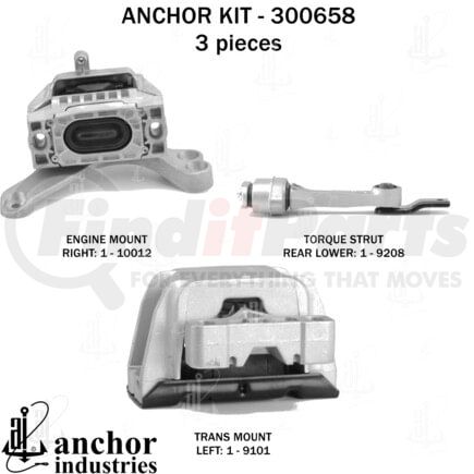 Anchor Motor Mounts 300658 Engine Mount Kit - 3-Piece Kit, (1) Engine Mount Right, (1) Torque Strut Rear Lower, (1) Trans Mount Left