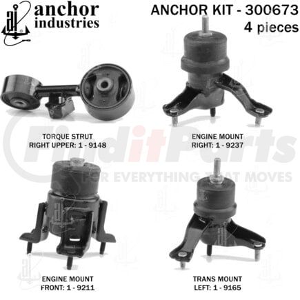 Anchor Motor Mounts 300673 Engine Mount Kit - 4-Piece Kit, (2) Engine Mount Front/Right, (1) Torque Strut, (1) Trans Mount