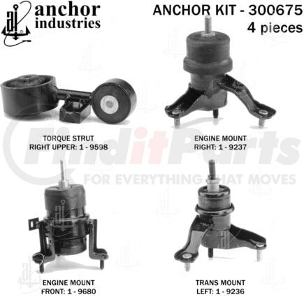 Anchor Motor Mounts 300675 Engine Mount Kit - 4-Piece Kit, (2) Engine Mount Front/Right, (1) Torque Strut, (1) Trans Mount