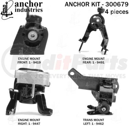 Anchor Motor Mounts 300679 Engine Mount Kit - 4-Piece Kit, (3) Engine Mount Front/Right/Rear, (1) Trans Mount