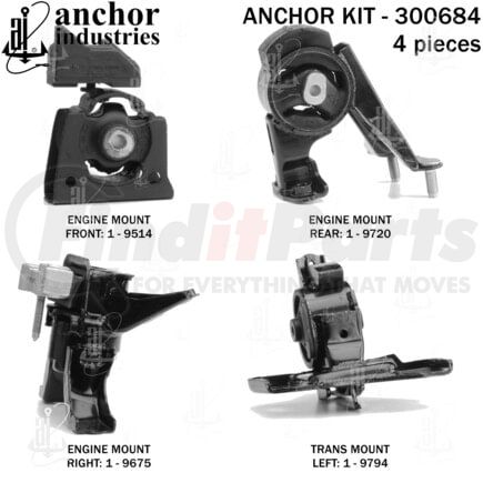 Anchor Motor Mounts 300684 Engine Mount Kit - 4-Piece Kit, (3) Engine Mount Front/Right/Rear, (1) Trans Mount