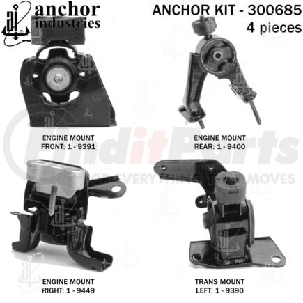 Anchor Motor Mounts 300685 Engine Mount Kit - 4-Piece Kit, (3) Engine Mount Front/Right/Rear, (1) Trans Mount
