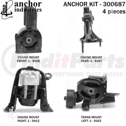 Anchor Motor Mounts 300687 Engine Mount Kit - 4-Piece Kit, (3) Engine Mount Front/Right/Rear, (1) Trans Mount
