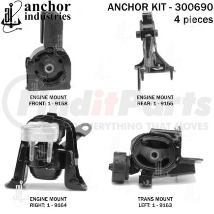 Anchor Motor Mounts 300690 Engine Mount Kit - 4-Piece Kit, (3) Engine Mount Front/Right/Rear, (1) Trans Mount