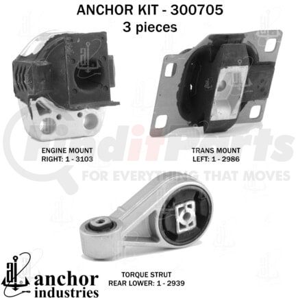 Anchor Motor Mounts 300705 Engine Mount Kit - 3-Piece Kit, (1) Engine Mount Right, (1) Torque Strut Rear Lower, (1) Trans Mount Left