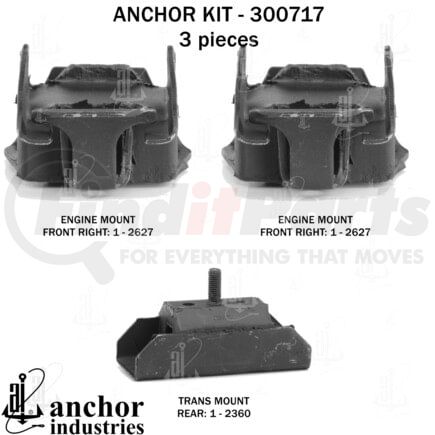 Anchor Motor Mounts 300717 Engine Mount Kit - 3-Piece Kit, (2) Front R/L Engine Mount, (1) Rear Trans Mount