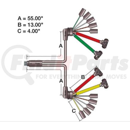 Truck-Lite 88910 88 Series Turn Signal Wiring Harness - 14 Plug, Rear, 14 Gauge, 55 in. License, Turn Signal Harness, w/ S/T/T, M/C, Auxiliary, Tail Breakout