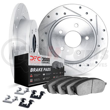 Dynamic Friction Company 7312-75036 Brake Rotor - Dimpled & Slotted - Silver w/3000 Ceramic Brake Pads & HW Kit
