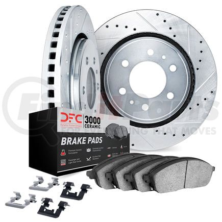 Dynamic Friction Company 7312-48065 Brake Rotor - Dimpled & Slotted - Silver w/3000 Ceramic Brake Pads & HW Kit
