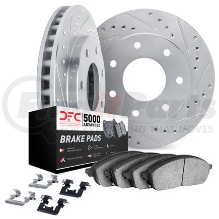 Dynamic Friction Company 7512-54224 Brake Rotor - Dimpled & Slotted - Silver w/5000 Brake Pads & HW Kit