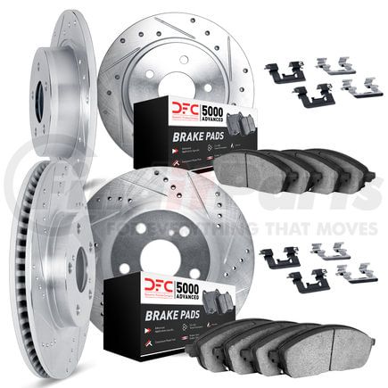 Dynamic Friction Company 7514-54027 Brake Rotor - Drilled & Slotted - Silver w/5000 Brake Pads & HW Kit