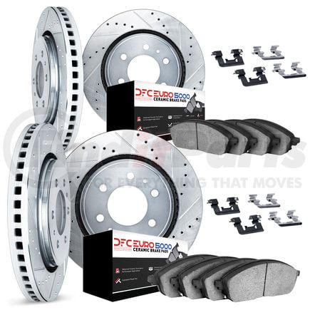 Dynamic Friction Company 7614-48000 Rotors-Drilled & Slotted-Silver w/ 5000 Euro Ceramic Brake Pads Incl Hdw
