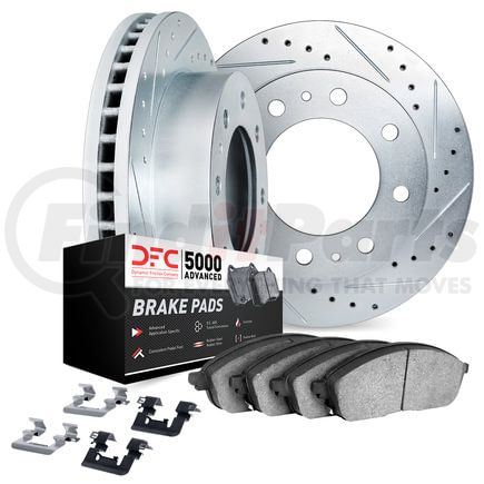 Dynamic Friction Company 7512-48002 Brake Rotor - Drilled & Slotted - Silver w/5000 Brake Pads & HW Kit
