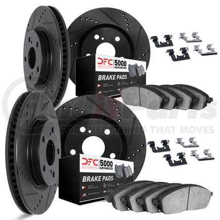 Dynamic Friction Company 8514-63107 Brake Rotor - Drilled & Slotted - Black w/5000 Brake Pads & HW Kit