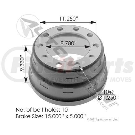 Automann 151.5504BA Brake Drum - 15 in. x 5 in., 10 Bolt Holes