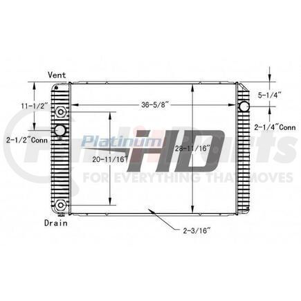 Navistar HDC010887PA Design Style  Plastic Aluminum  Height  36 5/8 Inches  Width  28 3/4 Inches  Depth  2 1/4 Inches  Inlet  2 1/4 Inch Connection Upper Right  Outlet  2 1/2 Inch Lower  Engine Oil Cooler  No  Trans Oil Cooler  20 11/16 Inch  Make  Internation