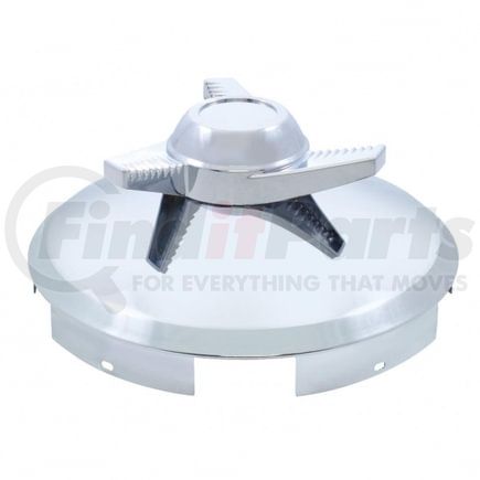 United Pacific 11119 Axle Hub Cap - Front, 5 Even Notched, Chrome, with 3 Bar Left Swing Spinner, 1" Lip