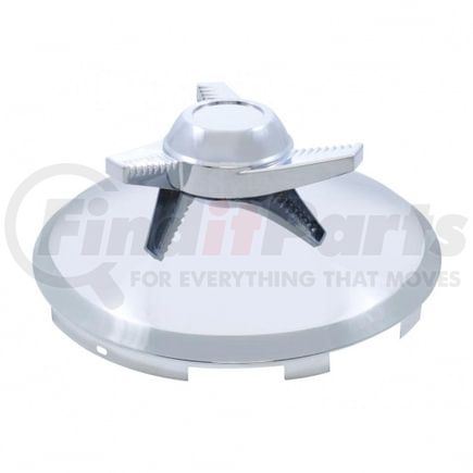 United Pacific 21120 Axle Hub Cap - Front, 6 Uneven Notched, Stainless, with 3 Bar Left Swing Spinner, 7/16" Lip