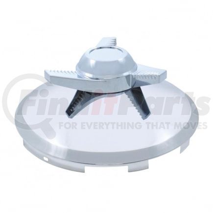 United Pacific 21126 Axle Hub Cap - Front, 6 Uneven Notched, Stainless, with 3 Bar Right Swing Spinner, 7/16" Lip