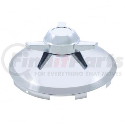 United Pacific 21114 Axle Hub Cap - Front, 6 Uneven Notched, Stainless, with 3 Bar Spinner, 7/16" Lip