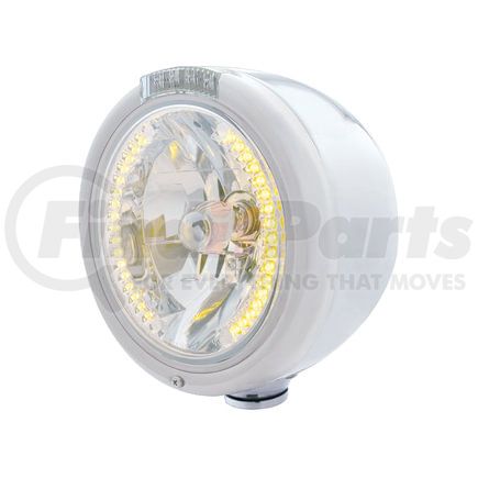 United Pacific 32457 Headlight - Half-Moon, RH/LH, 7", Round, Polished Housing, H4 Bulb, with 34 Bright Amber LED Position Light and 4 Amber LED Signal Light, Clear Lens