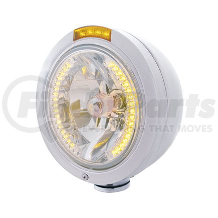 United Pacific 32464 Headlight - RH/LH, 7", Round, Polished Housing, H4 Bulb, with Bullet Style Bezel, with 34 Bright Amber LED Position Light and 4 Amber LED Signal Light, Amber Lens