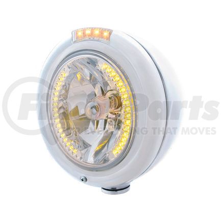 United Pacific 32473 Headlight - RH/LH, 7", Round, Polished Housing, H4 Bulb, with 34 Bright Amber LED Position Light and 4 Amber LED Signal Light, Clear Lens