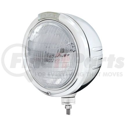 United Pacific 32735 Classic Embossed Stripe Headlight - RH/LH, 7", Round, Polished Housing, 6014 Bulb, Bullet Style Bezel, with Amber LED Dual Mode Light, Clear Lens