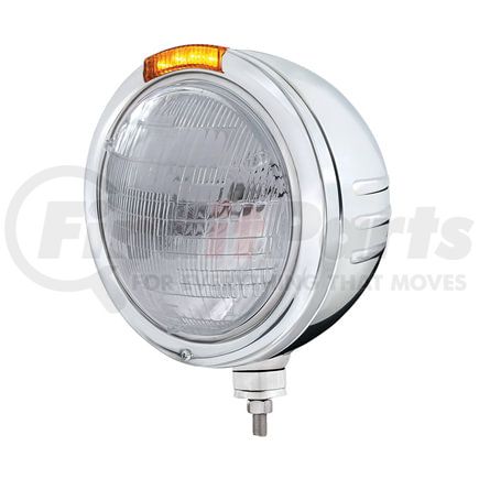 United Pacific 32750 Headlight - Embossed Stripe, RH/LH, 7", Round, Polished Housing, 6014 Bulb, Bullet Style Bezel, with Amber LED Dual Mode Light (Amber Lens)