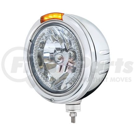 United Pacific 32756 Headlight - Embossed Stripe, RH/LH, 7", Round, Polished Housing, H4 Bulb, Bullet Style Bezel, with 34 Bright White LED Position Light and Amber LED Dual Mode Light (Amber Lens)