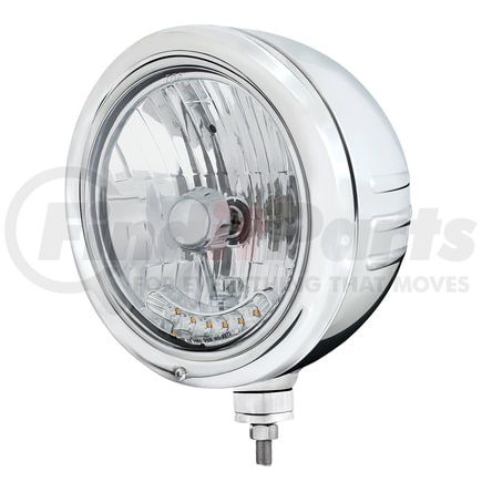 United Pacific 32769 Classic Embossed Stripe Headlight - LH or RH, 7 in. Round, Polished Housing, Crystal H4 Bulb, Bullet Style Bezel, With 6 Amber LED Position Light