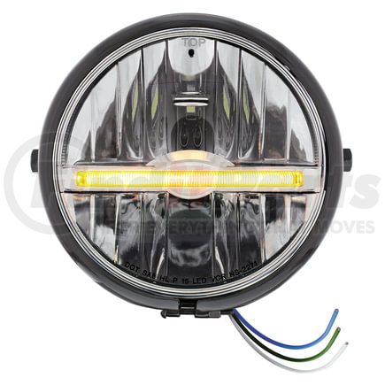 United Pacific 32798 Headlight - Black, Steel, 5-3/4" Round, for Motorcycle, 9 LED Bulb with Amber LED Light Bar, Side Mount, LH or RH