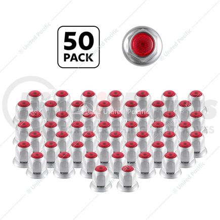 United Pacific 10039P50 Wheel Lug Nut Cover - 33mm Nut Size, 2" Height, Chrome Steel, Red, Standard Shape