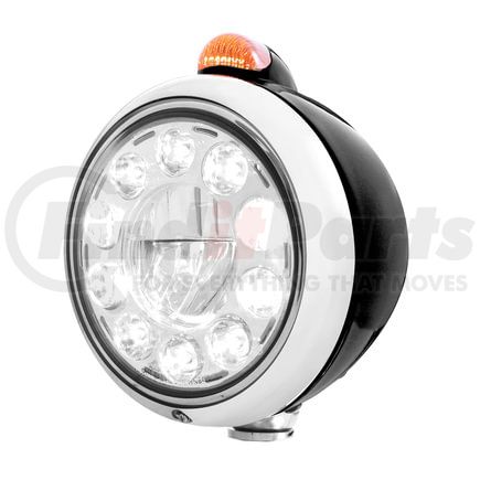 United Pacific 31564 Guide Headlight - 1 High Power, LED, 682-C Style, RH/LH, 7", Round, Powdercoated Black Housing, with 5 LED Dual Mode Signal Light, with Amber Lens