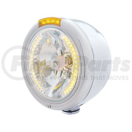 United Pacific 32454 Headlight - Half-Moon, RH/LH, 7", Round, Polished Housing, H4 Bulb, with 34 Bright Amber LED Position Light and 4 Amber LED Dual Mode Signal Light, Amber Lens