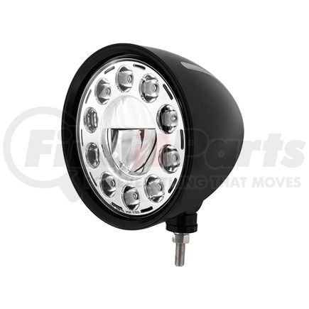 United Pacific 32675 Headlight - Billet Style, Groove, 11 LED, RH/LH, 7", Round, Powdercoated Black Housing, 1 High Power LED, 10 Outer LED, with Chrome Housing