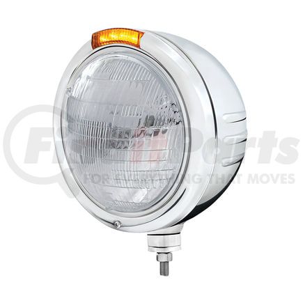 United Pacific 32734 Classic Embossed Stripe Headlight - RH/LH, 7", Round, Polished Housing, 6014 Bulb, Bullet Style Bezel, with Amber LED Dual Mode Light, Amber Lens