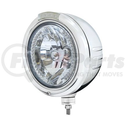 United Pacific 32739 Classic Embossed Stripe Headlight - RH/LH, 7", Round, Polished Housing, H4 Bulb, Bullet Style Bezel, with Amber Position Light and 4 Amber LED Dual Mode Light, Clear Lens