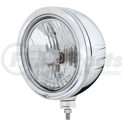 United Pacific 32777 Headlight - Embossed Stripe, RH/LH, 7", Round, Polished Housing, Crystal H4 Bulb, Bullet Style Bezel, with 6 Amber LED Position Light