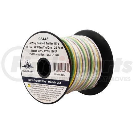 United Pacific 98443 Primary Wire - Trailer, 25 Foot, White, Brown, Yellow, Green, Rated 80 C, 16 AWG 3-Way
