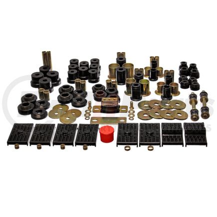 Energy Suspension 318117G Hyper-Flex System; Black; Incl.F Cntl. Arm Bush.;R Leaf Spr. Bush.;R Spr. Leaf Pads; F End Link Set; Body Mt. Set; Trans. Mt.; Ball Joint/Tie Rod End Boots; Perf. Polyurethane;