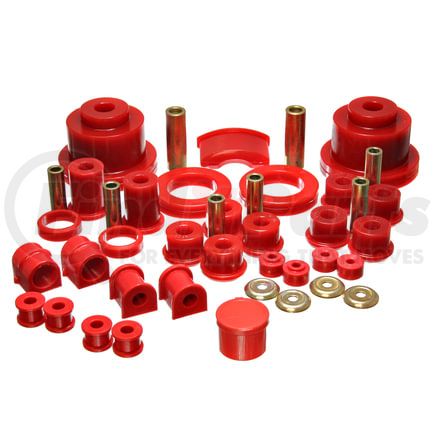 Energy Suspension 318134R Hyper-Flex System; Red; Incl. Front And Rear Control Arm Bushings; Front And Rear Sway Bar Bushings; Rear Sub Frame Bushing Set; Street Perf. Only; Perf. Polyurethane;