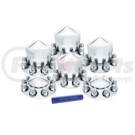 United Pacific 10306 Chrome Pointed Axle Cover Combo Kit With 33mm Standard Thread-On Nut Covers