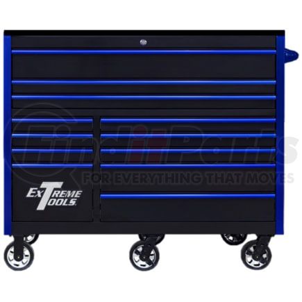 Extreme Tools RX552512RCBKBL-X RX Series 55" 12 Drawer 25" Deep Roller Cabinet - Black with Gloss Blue Handles and Trim  150 lb Slides  Mag Wheels