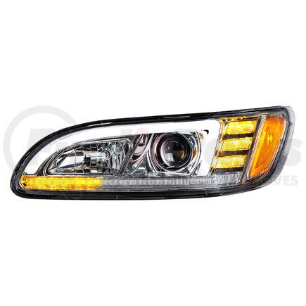 United Pacific 35765 Projection Headlight Assembly - LH, Chrome Housing, High/Low Beam, H7 Quartz Bulb, with 24 LED Signal (Sequential), 18 LED DRL/Position Light and Side Marker