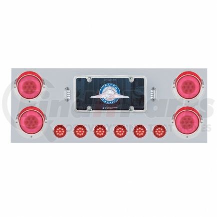 United Pacific 34281 Tail Light Panel - Stainless Steel, Rear Center, with 4X21 LED 4" "GLO" Lights & 6X 9 LED 2" Lights & Visors, Red LED/Clear Lens