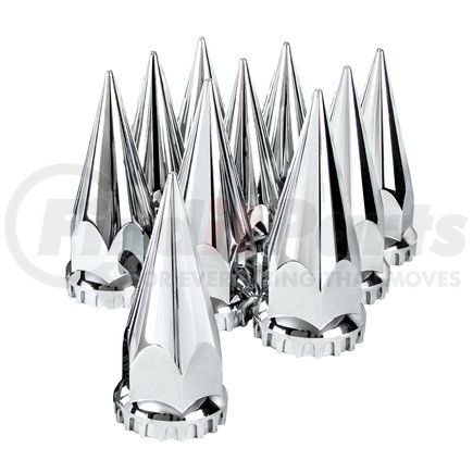 UNITED PACIFIC 10569 - wheel lug nut cover set - chrome spike nut cover pack (flanged) | 33mm x 4-3/4" chrome super spike nut covers - thread-on (box of 10)