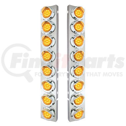 UNITED PACIFIC 33600 - ss front air cleaner light bar with bracket for peterbilt trucks - clearance/marker light, amber led and lens, pair, with chrome bezels and visors, 9 led per light | ss frnt air cleaner brckt, 16x 9 led 2" lghts+visors for ptrblt-ambr led & lens