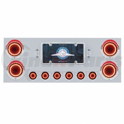 United Pacific 34498 Tail Light Panel - Stainless Steel Rear Center Panel with Four 23 LED 4" Lights & Six 9 LED 2" Mirage Lights & Visors - Red LED/Red Lens