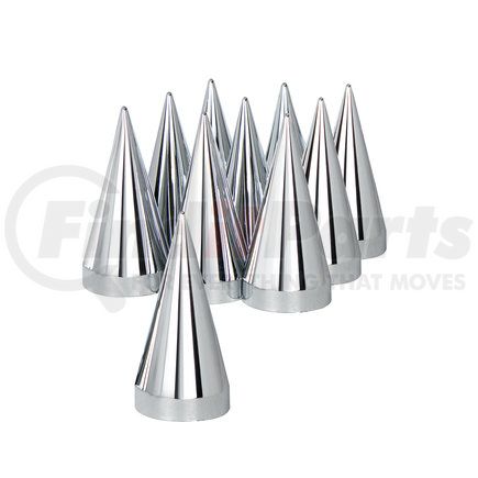 UNITED PACIFIC 10780 - wheel lug nut cover set - 33mm x 4.25" chrome plastic x spike nut cover - thread-on (10 pack) | 33mm x 4.5" chrome plastic x spike nut covers - thread-on (box of 10)